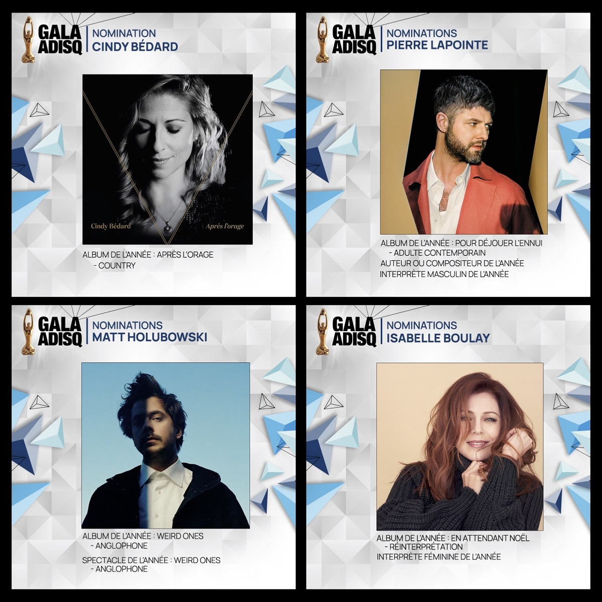 Nominations à l'ADISQ pour PIERRE LAPOINTE, ISABELLE BOULAY, MATT HOLUBOWSKI, CINDY BÉDARD, SALOMÉ LECLERC et AUDIOGRAM